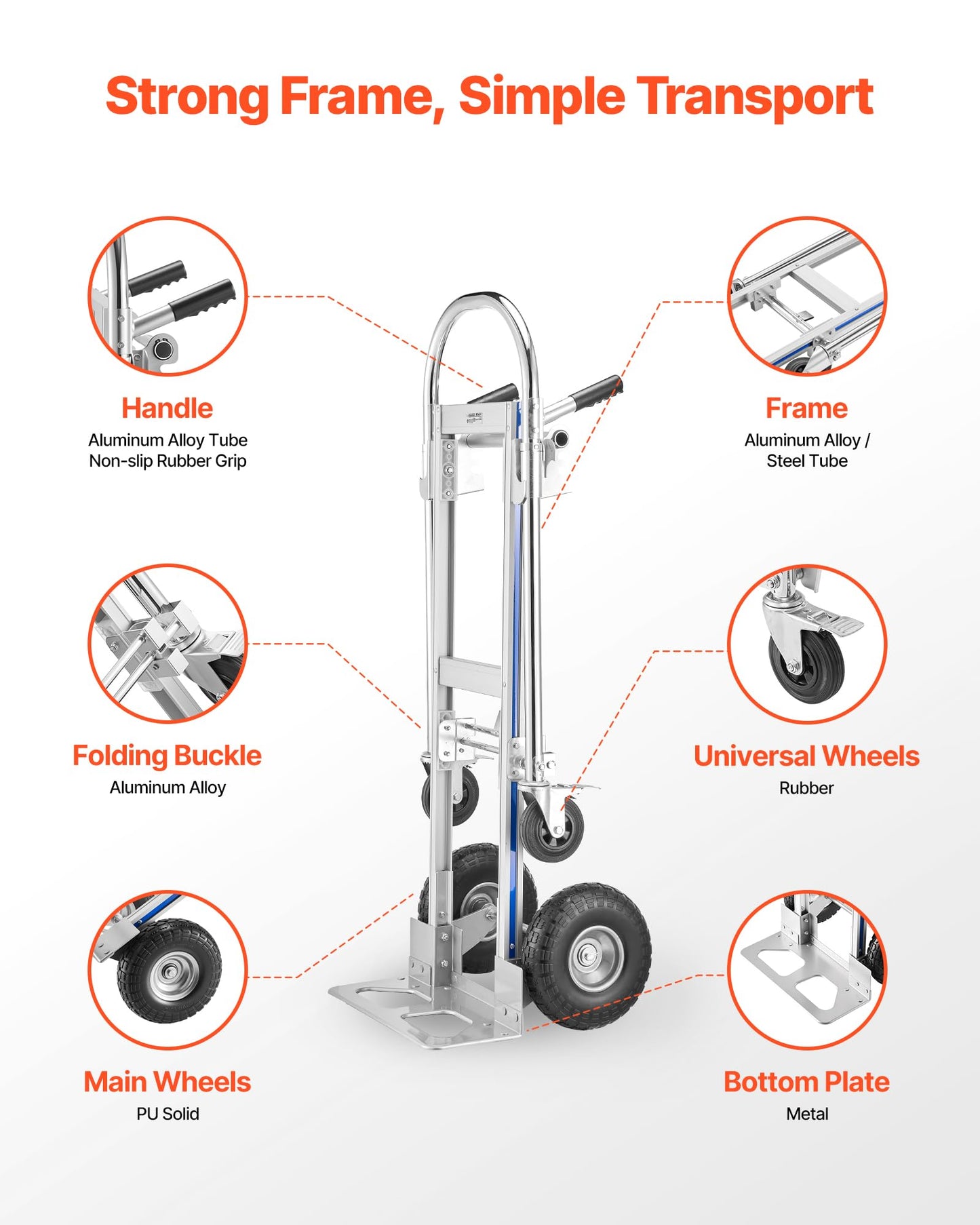 VEVOR 2 in 1 Hand Truck, 1000 lbs Load Capacity for 4-Wheel Mode, Convertible Hand Truck Dolly with Non-Slip Handle & Wheels, Portable Trolley Dolly for Moving Home, Office, Warehouse, Supermarket