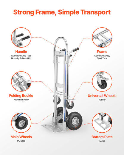 VEVOR 2 in 1 Hand Truck, 1000 lbs Load Capacity for 4-Wheel Mode, Convertible Hand Truck Dolly with Non-Slip Handle & Wheels, Portable Trolley Dolly for Moving Home, Office, Warehouse, Supermarket
