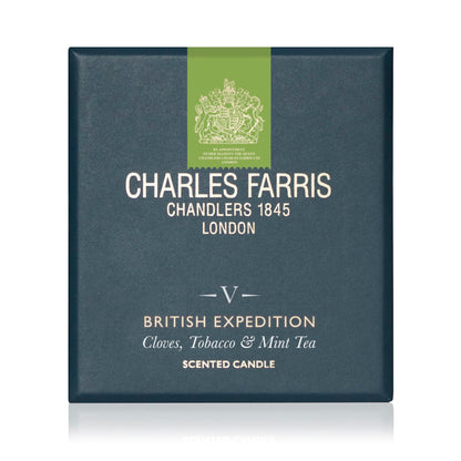 Charles Farris Luxury Scented Candle – 1 Wick, Hand-Poured, Long Lasting, Clean Burning, 210g / 7.5oz, Burns for up to 50 Hours, Made in England – Cloves, Tobacco & Mint Tea – British Expedition