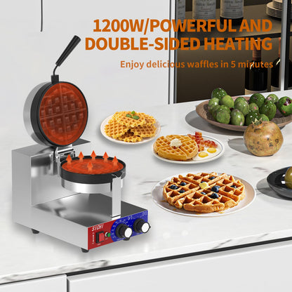 HTTSICHI Commercial Waffle Maker - Belgian Waffle Maker w/Non-stick Baking Pan and 550℉ Heating, 1200W Rotating Waffle Iron for 1.2" Thick, Stainless Steel Round Waffle Machine for Restaurant