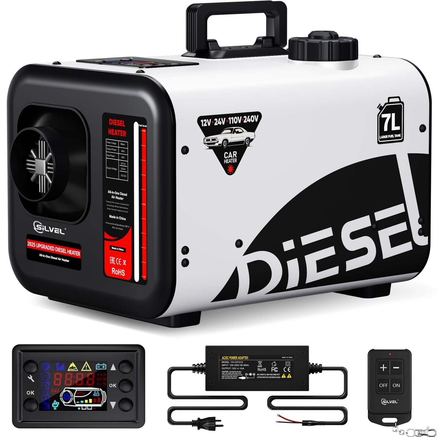 SILVEL Diesel Heater 8KW 110V/12V/24V, All-in-One 7L-8L Portable Diesel Air Heater with LCD Screen, Remote Control, Suitable for Car, Camper, RV, Truck, Home, Garage, Shop, Boat, White