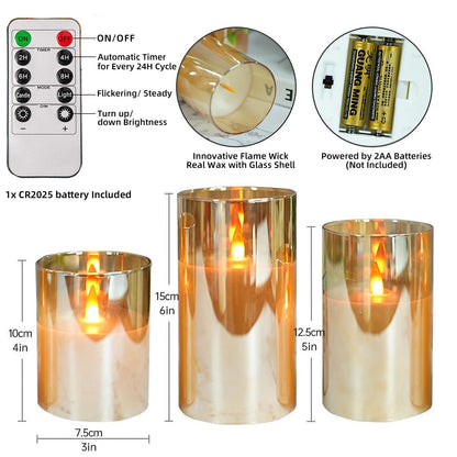 NICEME Radiance Evanescing Flameless Candles with Remote, 3 Pack Glass Battery Operated Candles with Timer, Real Wax Glass LED Candles Flickering Wedding Home Party Christmas D3 x H4 5" 6" Gold