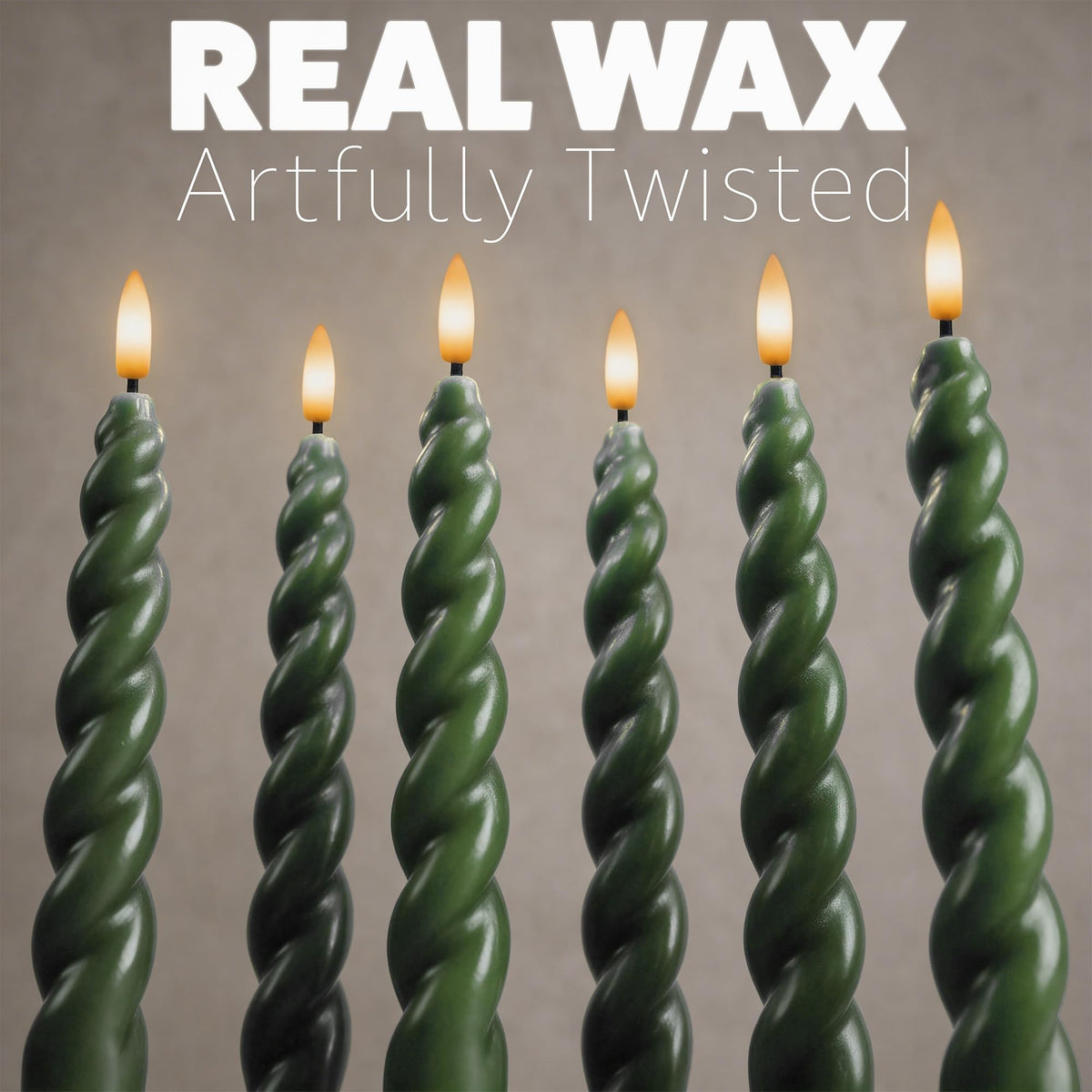 WYZworks 10" Flameless LED Taper Candles – Full Twisted Spiral – Loden Green, Set of 6 – Remote, 2/4/6/8-Hr Timer (24-hr Memory), Bottom On/Off Button, Dimmable, Battery Operated, Flicker/Steady