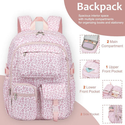 Lroiutian Girls Backpack Set for School Backpacks with Lunch Box Pencil Case 3 Piece Bookbags, Kids Elementary Teen Student Lightweight School Bag Set-Leopard Pink