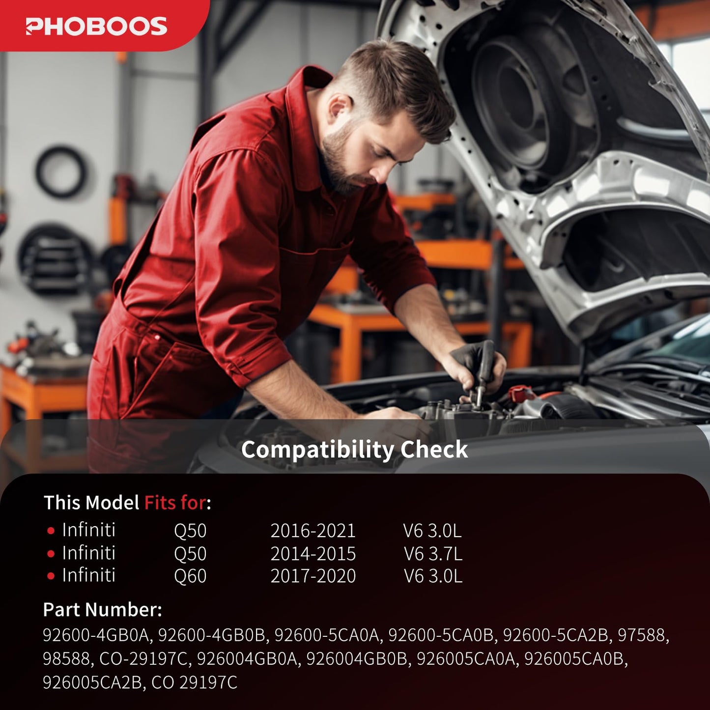 PHOBOOS A/C Compressor with Clutch Compatible with Infiniti Q50 3.0L 2016-2021, Q50 3.7L 2014-2015, Q60 3.0L 2017-2020, Fast Cooling, Low Noise, Easy Installation, Ref.CO-29197C