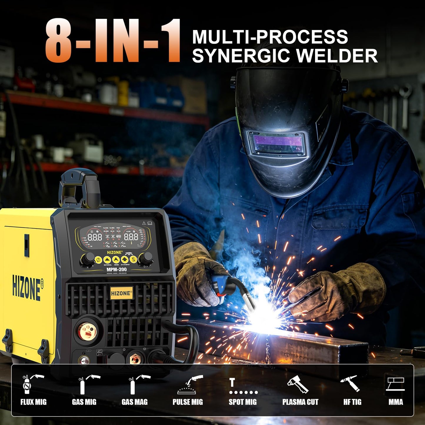 HIZONE Multifunctional Welders Plasma Cutter Combo 200A，8 in 1 Multiprocess Welder Gas MIG/PULSE MIG/MAG/Flux Gasless MIG/HF TIG/Stick/CUT/SPOT MIG 110/220V Dual Voltage Aluminum Welding Machine