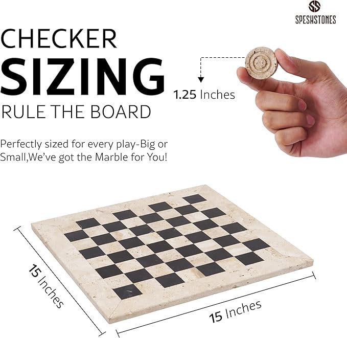 Marble Checkers Set 15 Inch Handmade Travertine &amp Black Checkers Board Game with Checker Pieces - Board Games for Adults Game Table Accessories Gifts &amp Home Décor