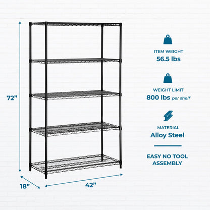 Honey-Can-Do 5-Tier Heavy Duty Adjustable Shelving Unit, 800-lb Per Shelf Metal Storage Rack, Industrial Strength Wire Shelf for Garage Workshop Warehouse, Black, 42 x 18 x 72 in