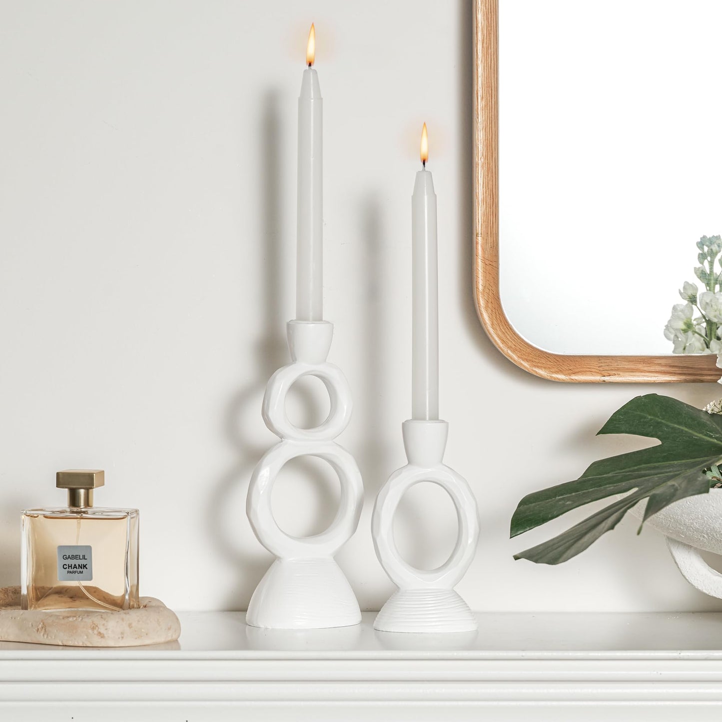 White Taper Candle Holders for Candlesticks, Unique Decorative Candlesticks Holder Home Decor Set of 2 for Fall Thanksgiving Wedding Table Centerpiece Decorations, Modern Aesthetic Room Decor（Resin）
