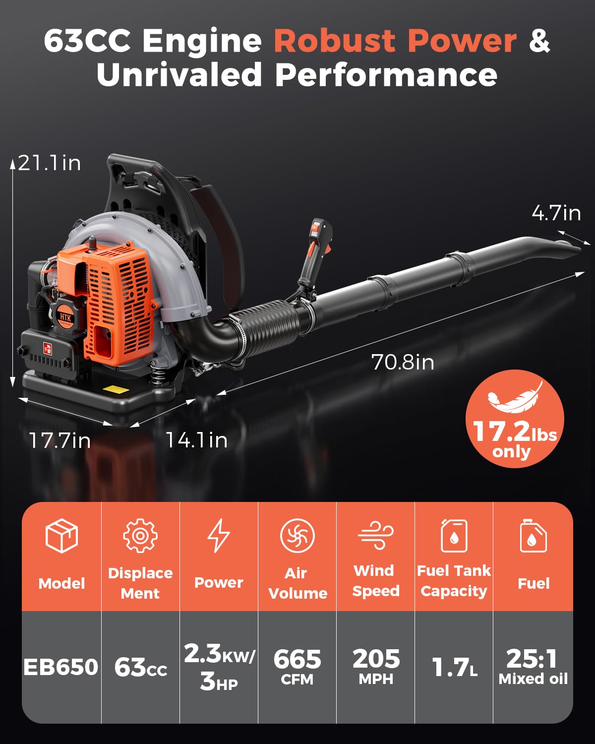 HTK Backpack Blower, 63CC Gas Powered Leaf Blower with 665 CFM & 205 MPH for Commercial Lawn Care, Yard Debris & Snow Removal (Orange)