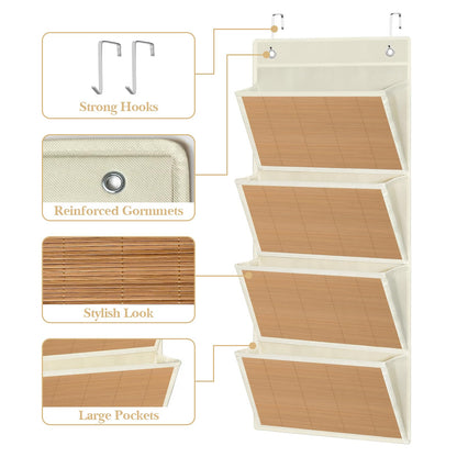 homyfort hanging wall file organizer, Over the door file folder organizer with 4 Large Bamboo Pockets, Suitable for Home, Office, Back to School Supplies Storage and Organization (Beige)