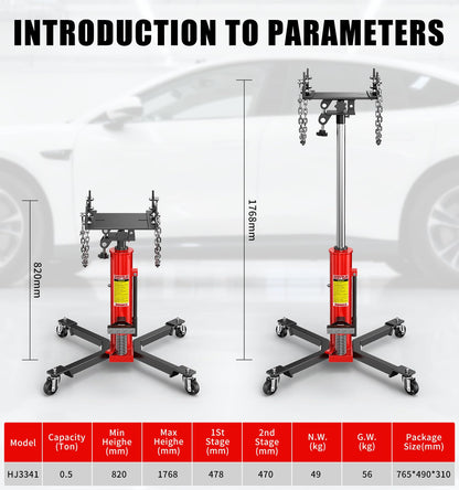 Transmission Jack,32.28"–69.91" High Lift, 1100 Lbs Heavy-Duty Hydraulic Telescoping Transmission Jack,2-Stage Telescoping Transmission Jack with Foot Pedal