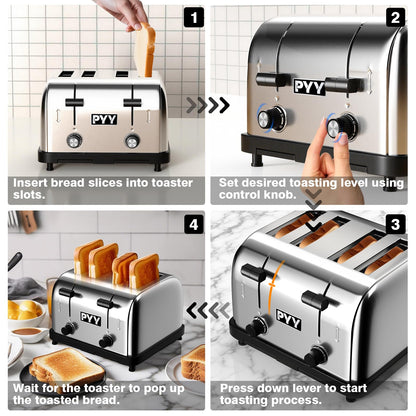 PYY 4 Slice Toaster - 1800W Stainless Steel Heavy Duty Toaster