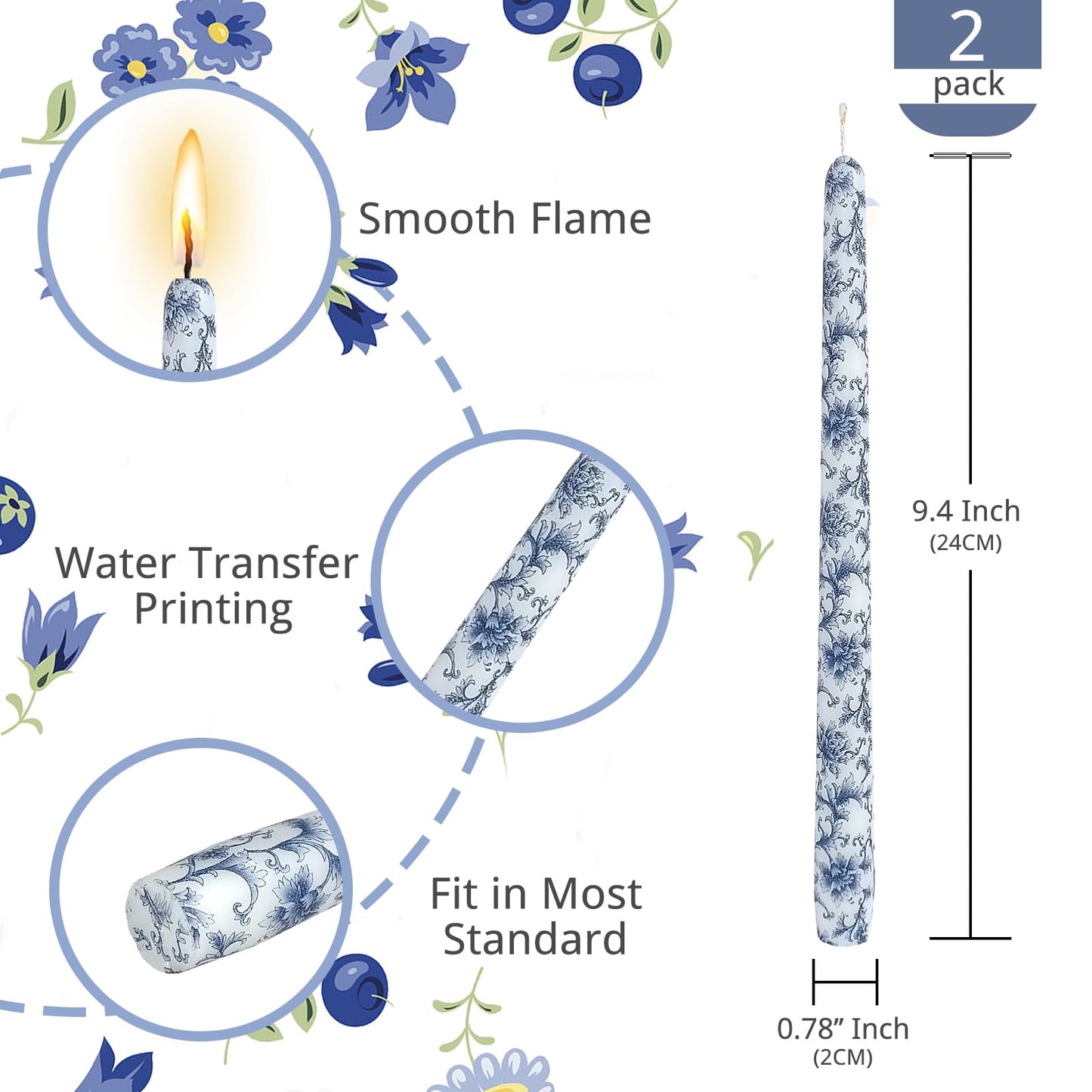 NJAO HOO Candlesticks 10 in Straight Taper Candles Hand Printing Blue and White Candlesticks Tall Tapered Candle Sticks for Home Garden Decor Simple Modern, 2Pcs