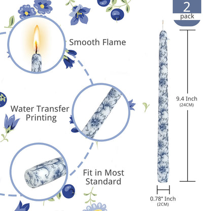 NJAO HOO Candlesticks 10 in Straight Taper Candles Hand Printing Blue and White Candlesticks Tall Tapered Candle Sticks for Home Garden Decor Simple Modern, 2Pcs