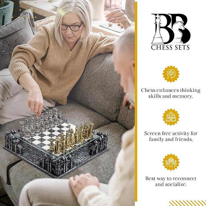 Renaissance Knight 3D Chess Set – Unique Chess Board Set - Durable Gold and Silver Metal Pieces - Tempered Glass Board and Polyresin Base