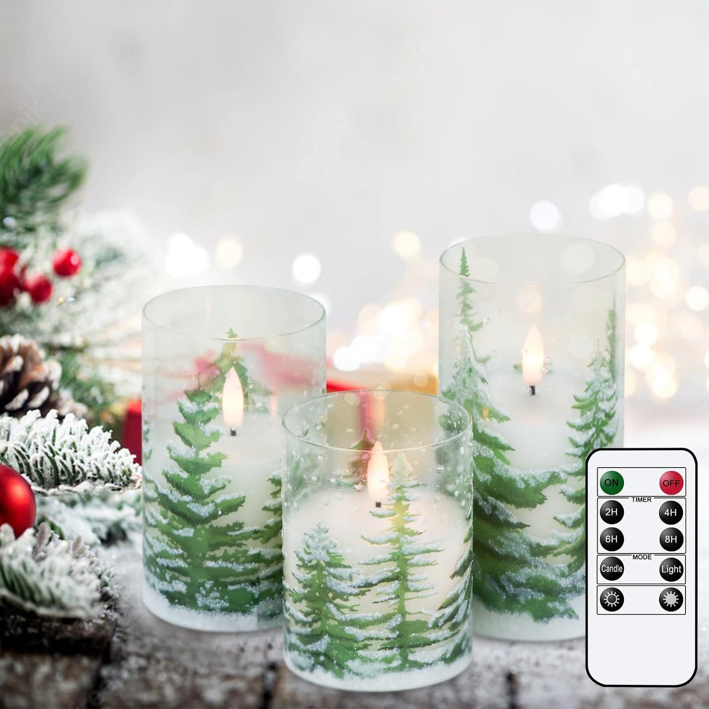 Lasumora Glass Flameless Pillar Candles with Remote Timer, LED Christmas Tree Candles, Battery Operated Real Wax Flickering Candle 3D Wick for Home Décor Christmas Gifts, 3x4/5/6 inches