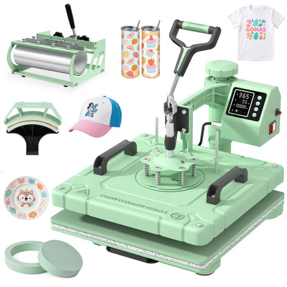 Slendor Heat Press 15x15 Inch 5 in 1 Heat Press Machine 360-Degree Swing Away Digital T Shirt Pressing Machine Multifunction Heat Transfer Sublimation Combo for T Shirts Mugs Hat Plate Cap,Green