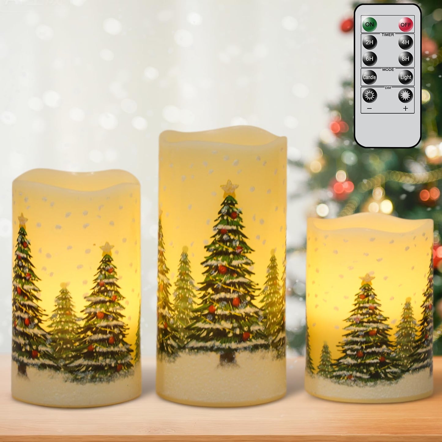 Wondise Flameless Flickering Pillar Candles with Remote Timer, Real Wax Battery Operated Christmas Tree Pine Tree Decal LED Candle for Christmas Decoration Gifts, Set of 3(D3 x H4/5/6 Inch)