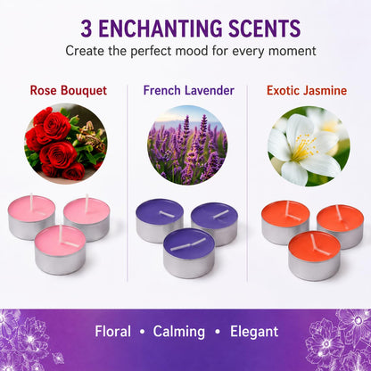 Ampliscent TeaLights Candles I Rose + French Lavender + Jasmine I Pack of 3-30 Premium Tealights I Long-Lasting Aroma | Scented Wax Tealights for Home Decor, Meditation, Christmas & Holiday Gifts