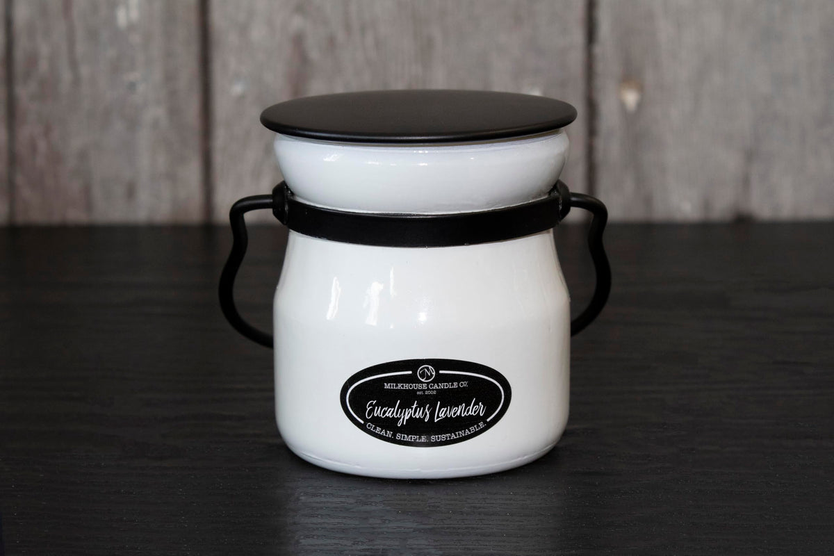 Milkhouse Candle Company Eucalyptus Lavender Soy Candle - Lavender | Eucalyptus | Soft Spice Scented - 5 oz Cream Jar with Black Lid, 35+ Hour Burn Time, Made in the USA