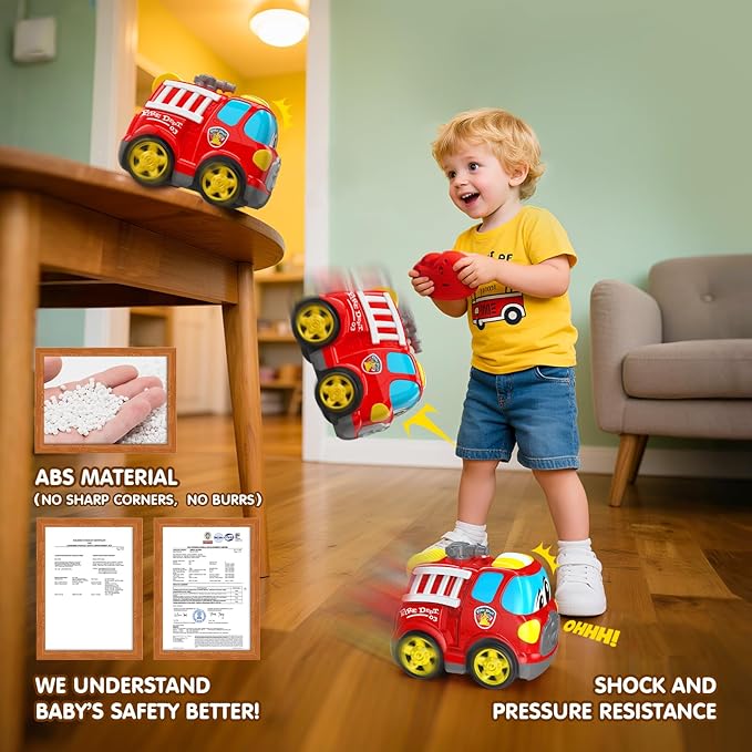 Remote Control Car 2.4G Cartoon Emergency Vehicle RC Fire Truck Engine Toys with Lights &amp Music Birthday Gifts for Toddlers Kids Boys &amp Girls 1-5 Years Old (Red)