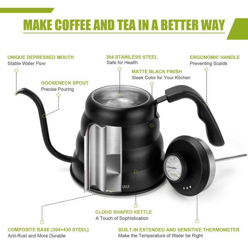 Tea Kettle with Thermometer Pot Black Stovetop Tea Kettle 40oz Gooseneck Kettle Teapot Pour Over Coffee Kettle with Thermometer,1200ml,5 Cup,Black,1Pack