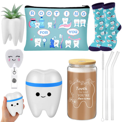 Pickmesh 6 Pcs Nurse Week Appreciation Gifts Dentist Hygienist Gifts 16 oz Glass Cups with Lid Makeup Bag Socks Badge Holder Tooth Brush Pot for Women Doctor Nurse Appreciation Accessories(Blue)