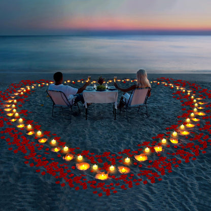gobutend 2000 Pcs Artificial Rose Petals with 24 Pcs Romantic Flameless Candles, LED Heart Tea Lights Battery Operated for Romantic Night Wedding Anniversary Table Party Decoration