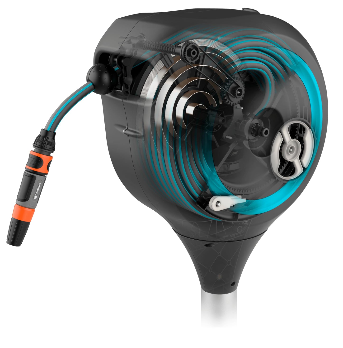 GARDENA 18614-80 | 66' x 1/2" Automatic Retractable Garden Hose Reel on Metal Spike, Outside Garden Hose with 360° swivel Rotation to Reach All Areas of Your Yard. Relocate Hose Reel Easily