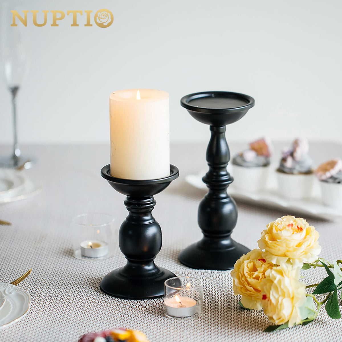 Nuptio Black Candle Holder for Pillar Candles - 2 Pcs Rustic Candle Holders Set Metal Candle Stand Tall Retro Fall Pillar Candleholder for Halloween Easter Farmhouse Fireplace Home Table Centerpiece