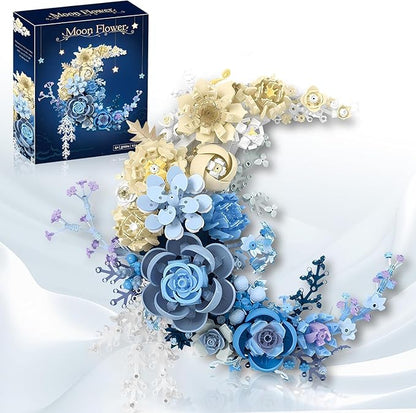 Moon Flowers Building Blocks Set Botanical Collection Blossom for Wall Decor Creative Floral Building Kit Flower Bouquet Botanical Collection for Home Décor Gift for Adults Teens 934 PCS (Blue)