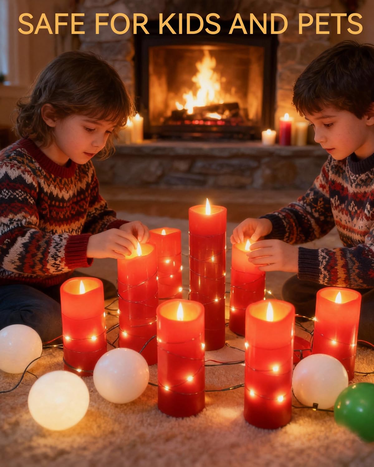 Red Flameless Pillar Candles with String Lights – 9 Pack Real Wax LED Candles, Remote Controlled with 2/4/6/8H Timer, Each Uses 2 AA Batteries (Not Included) for Christmas & Holiday Home Décor