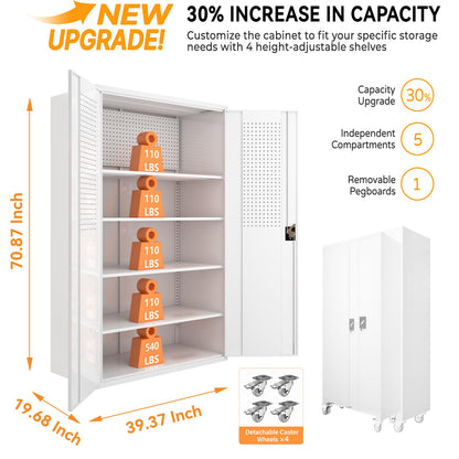 Upgraded Tall & Wide Metal Storage Cabinet with Doors & 4 Adjustable Shelves | Heavy-Duty Black Lockable Garage Cabinet with Wheels & Pegboard for Office, Gym, Basement, Warehouse (White)