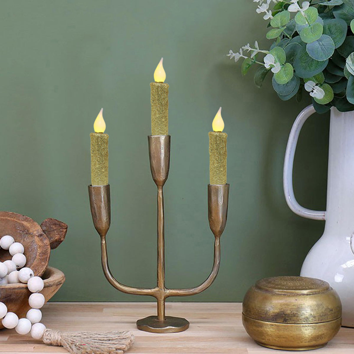 CVHOMEDECO. Glitter Flameless Candles Flickering Battery Operated LED Taper Candles with Timer for Home, Wedding, Halloween, Christmas Decor. Gold, 4-3/4 Inch, Set of 3