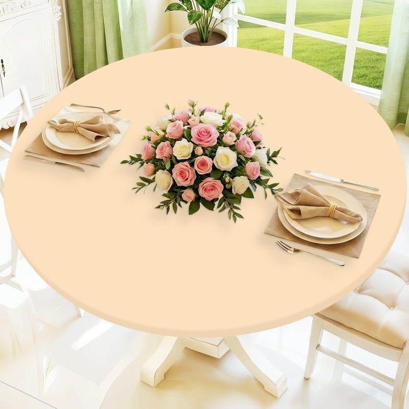 Moosfor Round Spandex Tablecloth, Elastic Fitted Waterproof Tablecloths for 45"-56" Tables, Stretch Washable Picnic Table Cover for Camping, Dining, Indoor and Outdoor,Ivory