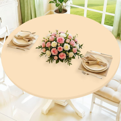 Moosfor Round Spandex Tablecloth, Elastic Fitted Waterproof Tablecloths for 45"-56" Tables, Stretch Washable Picnic Table Cover for Camping, Dining, Indoor and Outdoor,Ivory
