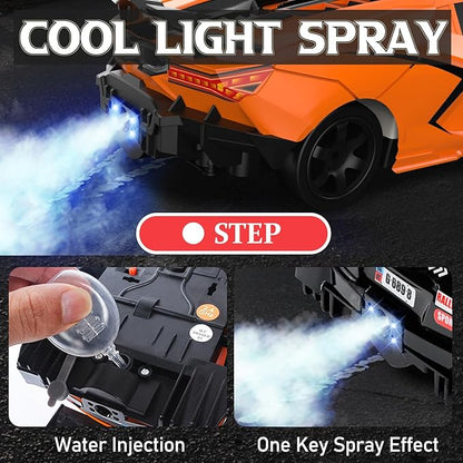 Remote Control Car RC Drift Car 1:16 Scale 4WD 18KM/H High Speed Model Vehicle 2.4GHz with LED Lights Spray Rubber Tire Racing Sport Toy for Adults Boys Girls Kids Gift 2Pcs Rechargeable Batteries