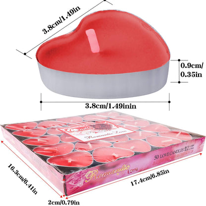50Pack Heart Shaped Tealight Candles(25x2 Layers),Romantic Love Unscented Tea Lights Candles,Dripless & Long Lasting Smokeless Mini Tealight Candles for Romantic Decor,Pool,Home,Wedding (Red)