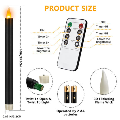 wemarry Flameless Taper Candles 10" Dripless Battery Operated Taper Candles Included Remote Timer 400+ Hours by 2AA Batteries for Halloween Christmas Wedding (Black, 12 Pack)