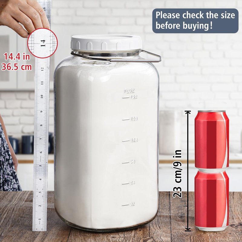 Folinstall 2 Gallon Large Glass Jar with Lid, Wide Mouth Storage Jars with Stainless Handle, Extra Big Glass Container with 2 Scale Mark for Storing Food, Kitchen Organization, 7400 ML/250 OZ