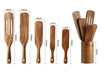 NAYAHOSE Wooden Spurtles Set with Holder, Natural Teak Kitchen Utensil Set of 6, Heat Resistant Non Stick Wood Cookware with Hanging Hole, Wood Spurtles Spatula Sets for Stirring, Mixing, Serving