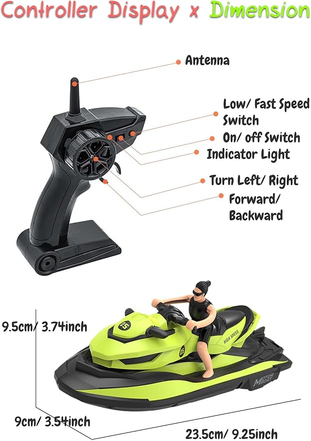 2.4 GHz RC Motorboat Dual-Motor 10 km/h High-Speed Electric Racing Jet Ski Toy 50 m Control Range 20 min Play Low-Battery Alarm Distachable Driver Figure for Kids &amp Adults (Green)