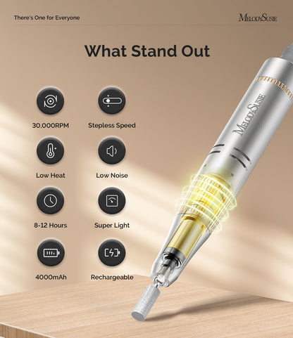 MelodySusie Portable Nail Drill 30000 RPM,SC320F Professional Rechargeable Electric Nail File,Cordless Nail E File for Acrylic Nails Gel Polishing Removing,Efile Nail Kit for Manicure Salon Home,White