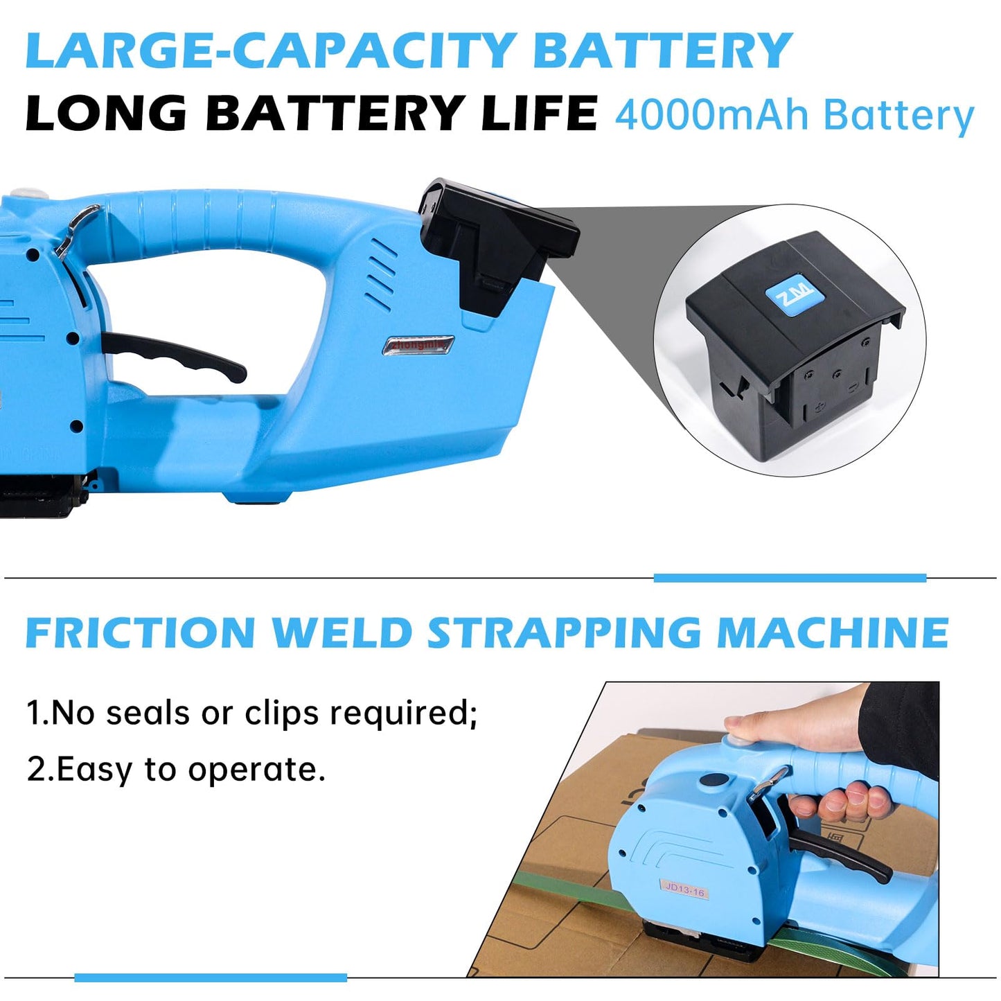 ZHONGMIN Electric Strapping Machine for 1/2"-5/8" PP/PET Straps, 2 x 4000mAh Battery Powered Automatic Banding Tool, All-in-One Portable Baler for Box and Pallet Packaging (JD13-16)