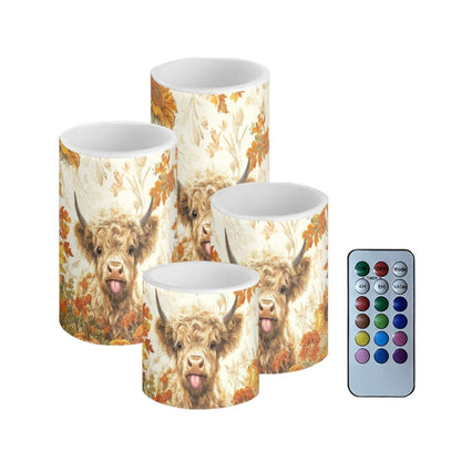 NETILGEN LED Flameless Candles Set of 4 Battery Operated with Remote Control Timer Dancing Flame Pillar Candles Thanksgiving Day Maple Leaf Highland Cow