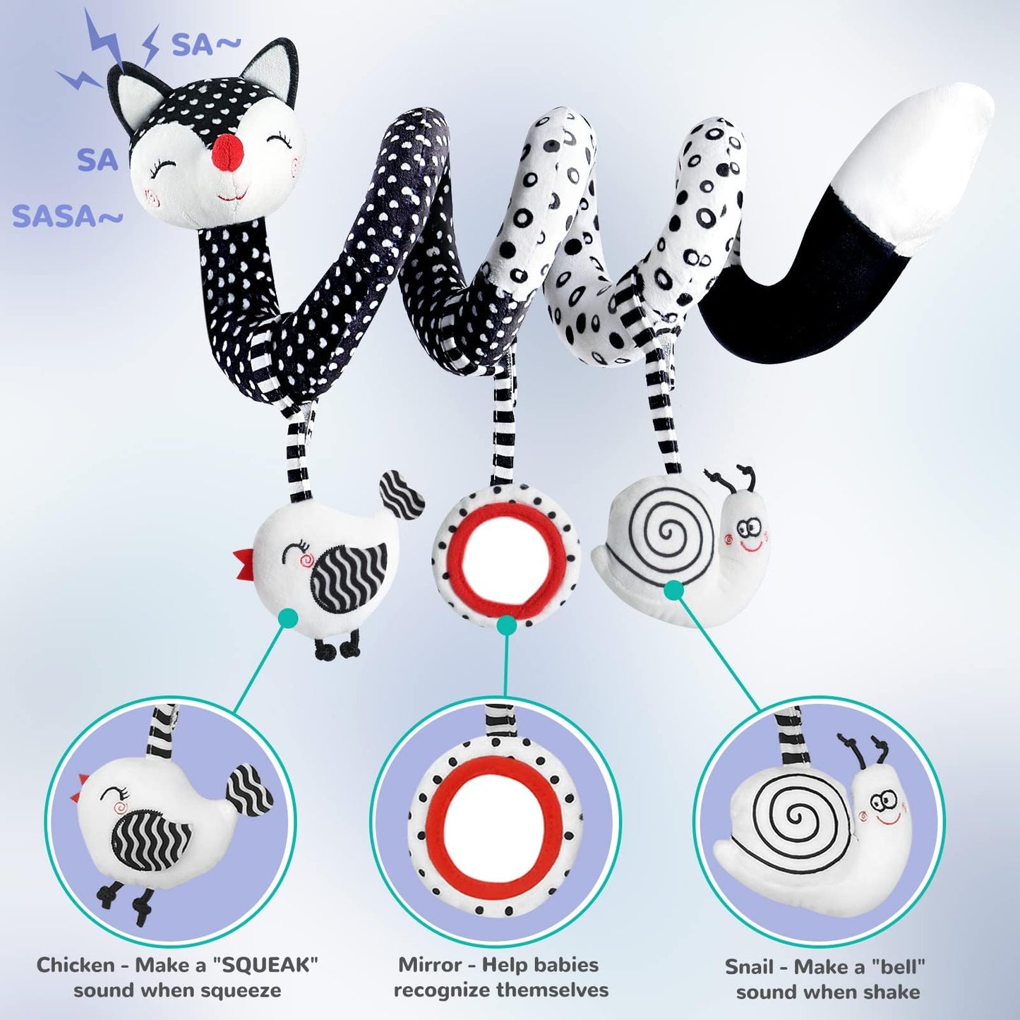 XIXILAND Baby Spiral Plush Toys, Black and White Baby Car Seat Toys, High Contrast Infant Newborn Toy 0-6 Months for Stroller Crib Mobile, Sensory Toy Best Gift for 0 3 6 9 12 Months Boys Girls