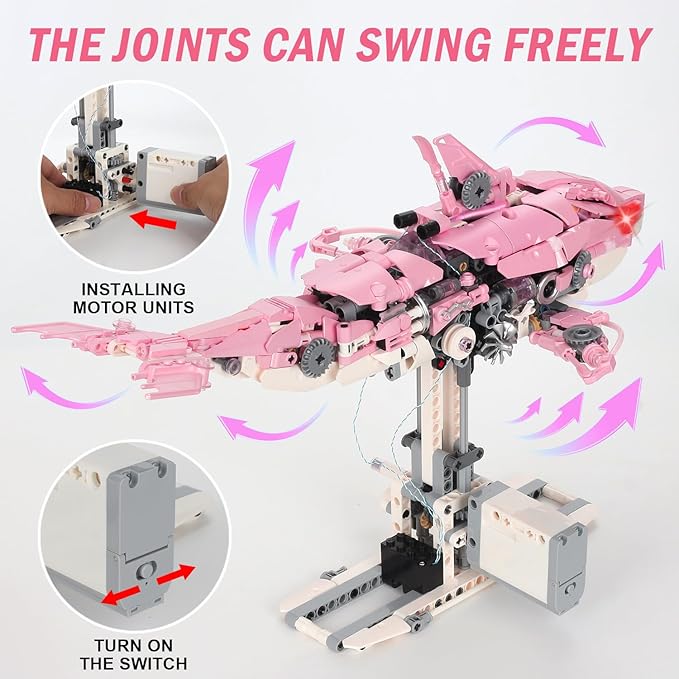 Mechanical Pink Dolphin Building Blocks Linkage Kit Sea Animal Model with Lighting Display Stand STEM Power Toy DIY Desktop Ornament for Kids &amp Adults Ages 12+ Birthday Gift Idea 888pcs