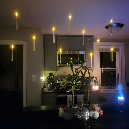 Lezonic Flameless Floating Candles with Wand，20 Pcs Magic LED Hanging Taper Candles，Flickering Battery Operated Taper Candle with Wand Remote for Halloween Decorations