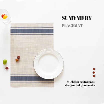 SUMYMERY Placemats Set of 6 Vinyl/Plastic Woven Place Mats for Kitchen Table Indoor/Outdoor Washable Placemat Wipeable Dining Table Mats (Khaki Blue,6)